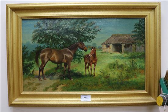 Wilson Hepple A chestnut mare with a foal in a field 11.5 x 19.5in.